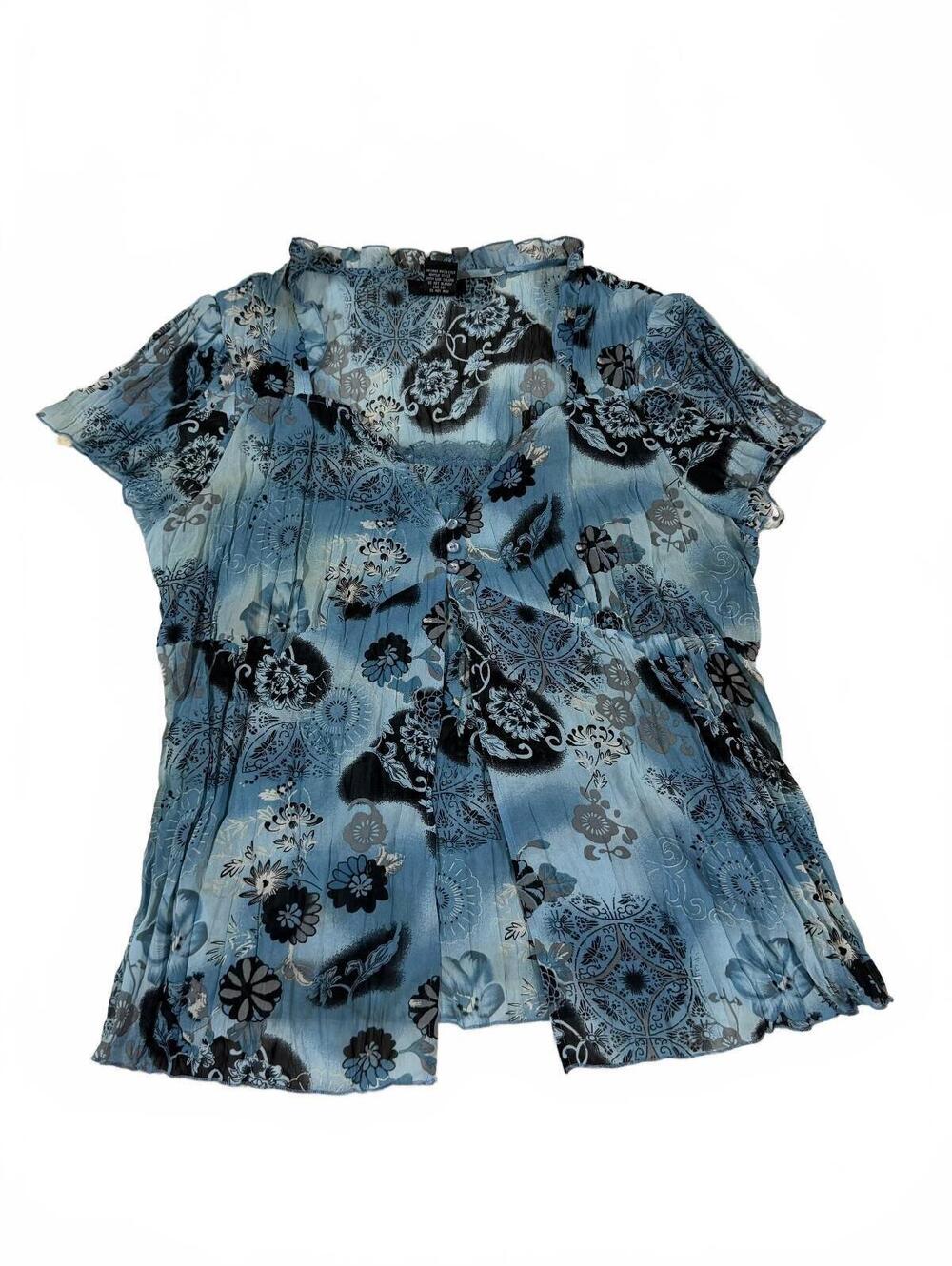 Y2K Notations Blue Paisley Print Layered Short Sleeve Blouse Size XL